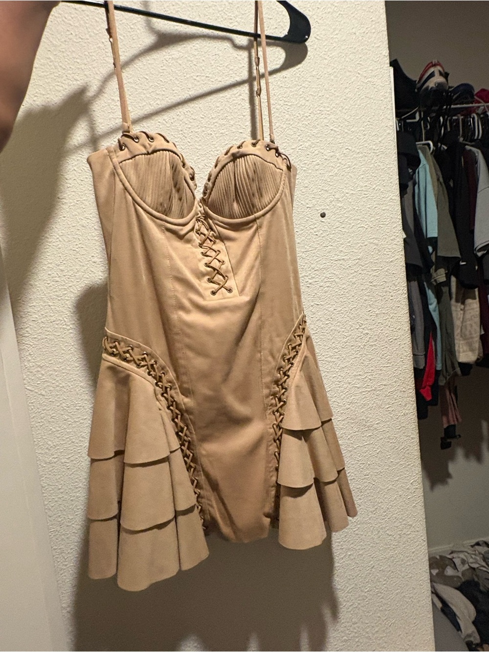 Oh Polly Beige Lace-Up Ruffled Mini Dress